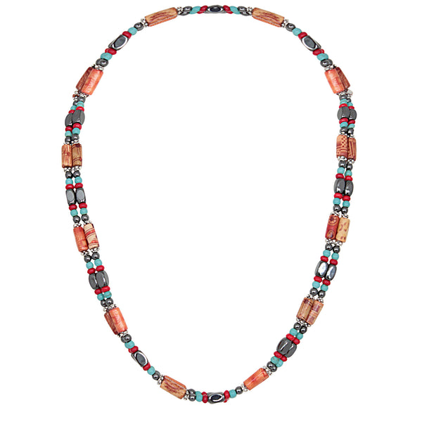 Santa Fe Wrap – USA handmade 45” magnetic therapy wrap necklace or bracelet with turquoise pewter wood and hematite beads