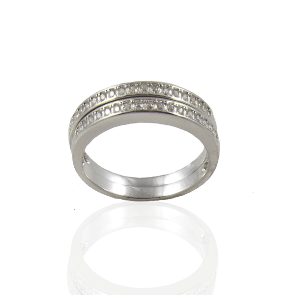 Triple Threat - Sterling silver set of three stacking bands with white pavé czs and center nine stone cubic zirconia solitaires