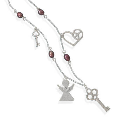 Love Charm Necklace - Whimsical Piece Freshwater Pearls Textured Keys Sterling Silver Necklace