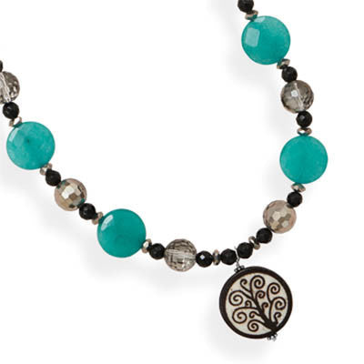 Tree of Life Necklace - Black Onyx Dyed Jade and Czech Glass with Wooden Tree Of Life Bead Sterling Silver Necklace