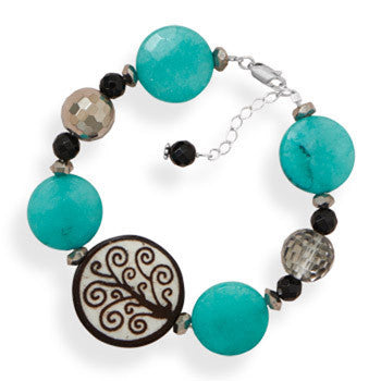 Tree of Life Bracelet - Black Onyx Dyed Jade and Czech Glass with Wooden Tree Of Life Bead Sterling Silver Bracelet