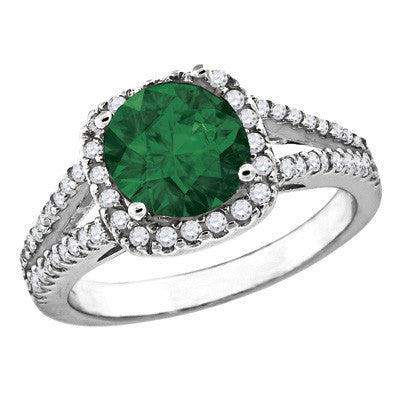 Sorceress - Round emerald color cubic zirconia solitaire with white pavé cz border and split band ring