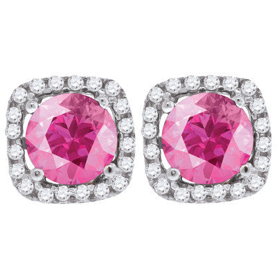 Perfectly Pink – Round-cut pink cubic zirconia solitaire with white cz border sterling silver earrings