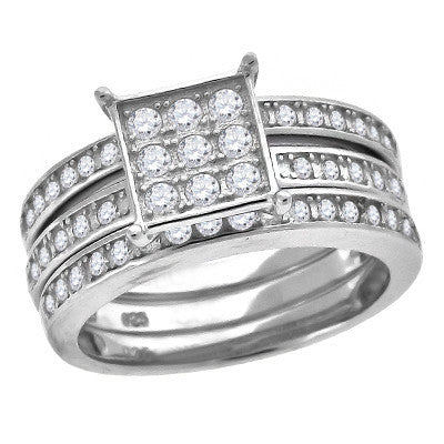 Triple Threat - Sterling silver set of three stacking bands with white pavé czs and center nine stone cubic zirconia solitaires