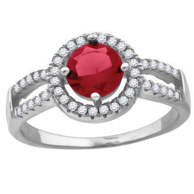 Roxanne – Round red cubic zirconia solitaire with white pavé cz border split band ring