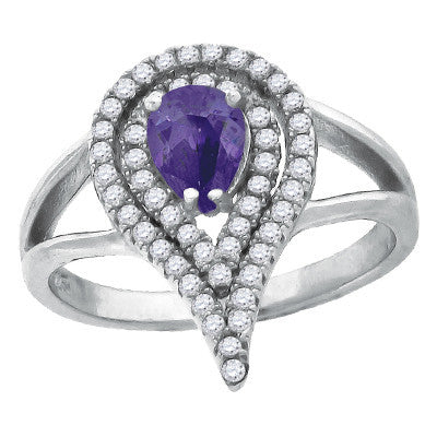 Purple Rain – Amythest purple color teardrop cubic zirconia solitaire in white pavé cz teardrop design sterling silver ring