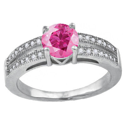 Pink Kiss – Round pink cubic zirconia solitaire with white pavé cz double band sterling silver ring