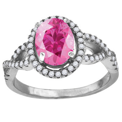 Lush – Oval-cut pink cubic zirconia solitaire with white pavé czs openwork sterling silver ring