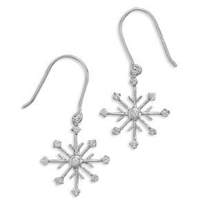 Snowflake Earrings - Rhodium Plated Sterling Silver French Wire Pendant with Cubic Zirconias