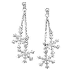 Silver Snowflakes - Intricate Sterling Silver Double Drop Dangling Snowflake Earrings