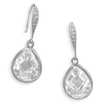 Glamour - Sterling Silver Wire Drop with Checkerboard-Cut Clear Cubic Zirconias