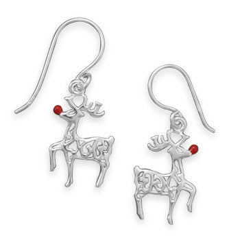 Rudolph Earrings - Red-Nosed Reindeer Polished Sterling Silver Cut Out Design Earrings