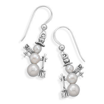 Pearl Snowman Earrings - Features Three Freshwater Pearls Sterling Silver Earrings