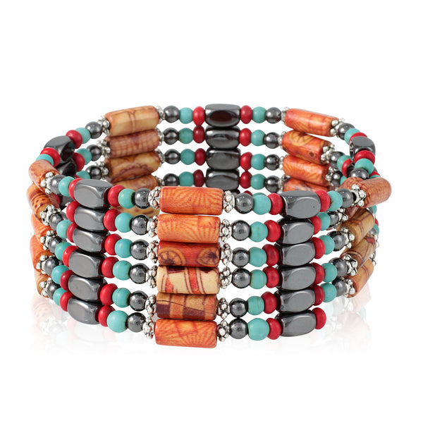 Santa Fe Wrap Bracelet – USA handmade 45” magnetic therapy wrap necklace or bracelet with turquoise pewter wood and hematite beads