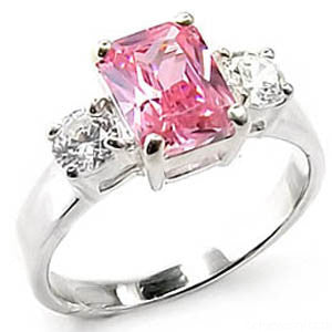 Pink Romance - Radiant-Cut Pink Tourmaline and Clear Cubic Zirconias Sterling Silver Pretty Looking Ring