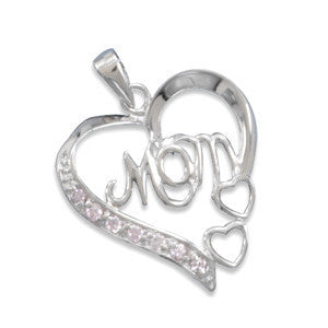 I Love Mom - Simple Yet Beautiful Design Sterling Silver Pendant with Pink Cubic Zirconias