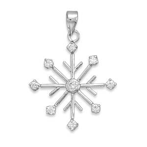 Snowflake Pendant - Rhodium Plated Sterling Silver French Wire Pendant with Cubic Zirconias