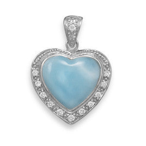 Larimar Heart Pendant - Caribbean Gem The Larimar Silver and Turquoise Sterling Silver Heart Shaped Pendant with Cubic Zirconias