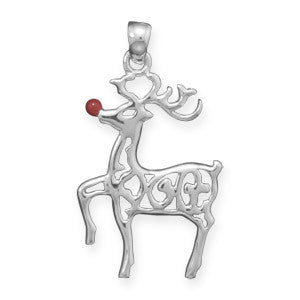 Rudolph Pendant - Red-Nosed Reindeer Polished Sterling Silver Cut Out Design Pendant