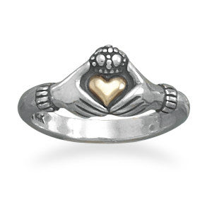 Golden Heart Claddagh Ring - Traditional Irish Sterling Silver Wedding Ring with 14K Gold Heart