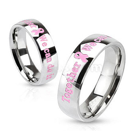 Together We Can Pink Ribbon Ring - High Polished Stainless Steel Breast Cancer Awareness Ring