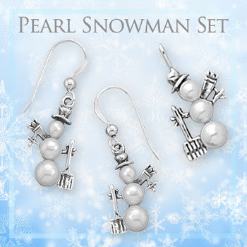 Pearl Snowman Set - Features Three Freshwater Pearls Sterling Silver Set Of Pendant and Earrings E-10027-P-10048