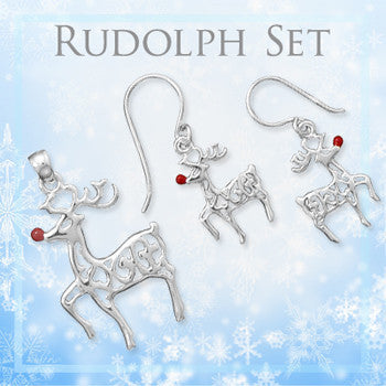Rudolph Set- Red-Nosed Reindeer Polished Sterling Silver Cut Out Design Set Of Pendant and Earrings E-10031-P-10054