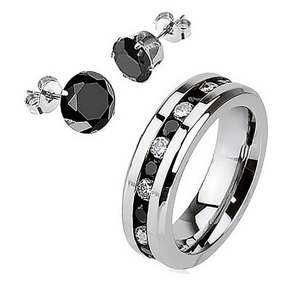 Black Paragon plus Earrings - Embedded Glittering Black and Clear Cubic Zirconias Polished Stainless Steel Ring and Earrings R-10009 plus E-10033-4mm