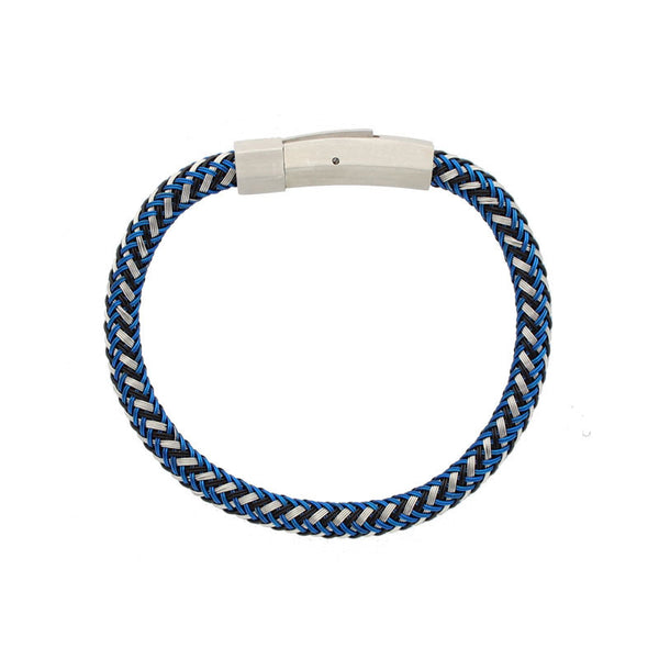 Blue Rubber Soul – Blue black white woven rubber men’s bracelet with stainless steel clasp