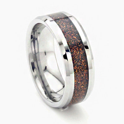 Copper Gold Rush – Copper goldstone inlay bevelled edge tungsten men’s ring