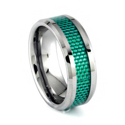 Lust for Life – Woven green inlay bevelled edge tungsten men’s ring