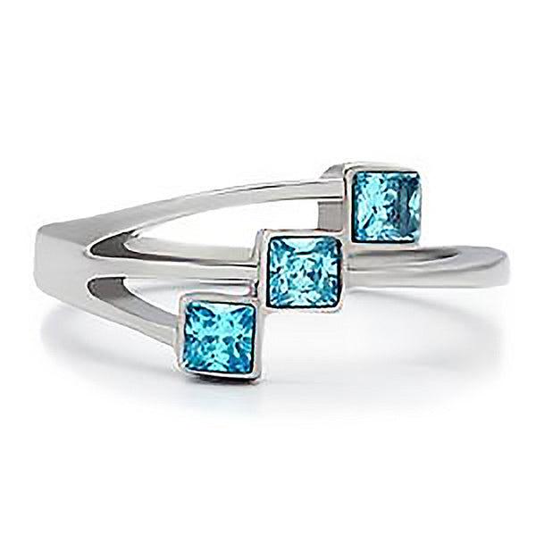 Aqua...licious – Square cut three stone aquamarine color stainless steel ring