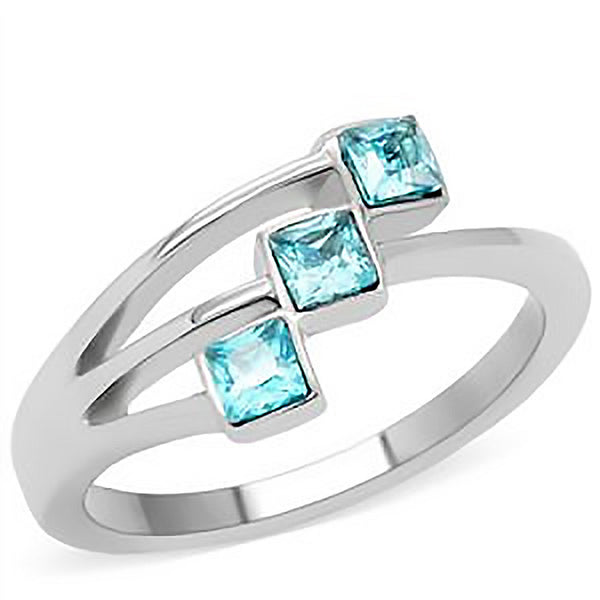 Aqua...licious – Square cut three stone aquamarine color stainless steel ring