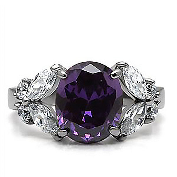 Bewitched - Oval cut amethyst cubic zirconia with white CZs silver stainless steel ring