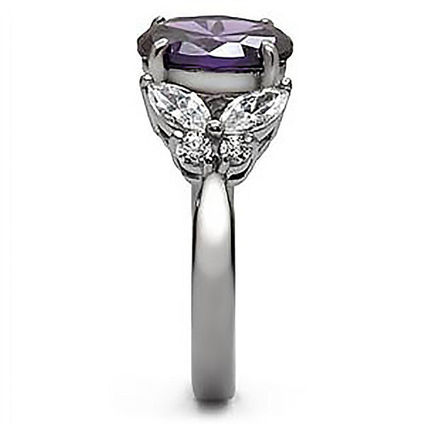Bewitched - Oval cut amethyst cubic zirconia with white CZs silver stainless steel ring