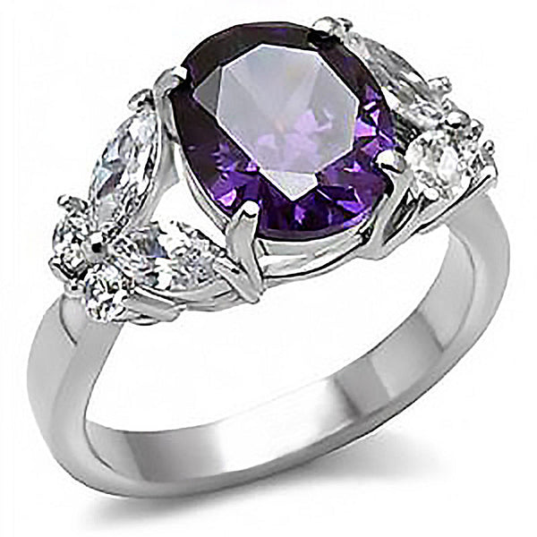 Bewitched - Oval cut amethyst cubic zirconia with white CZs silver stainless steel ring
