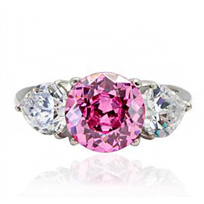 Pink Sugar - Round-cut pink solitaire with pear-cut white stones silver stainless steel cubic zirconia ring