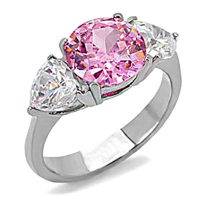 Pink Sugar - Round-cut pink solitaire with pear-cut white stones silver stainless steel cubic zirconia ring