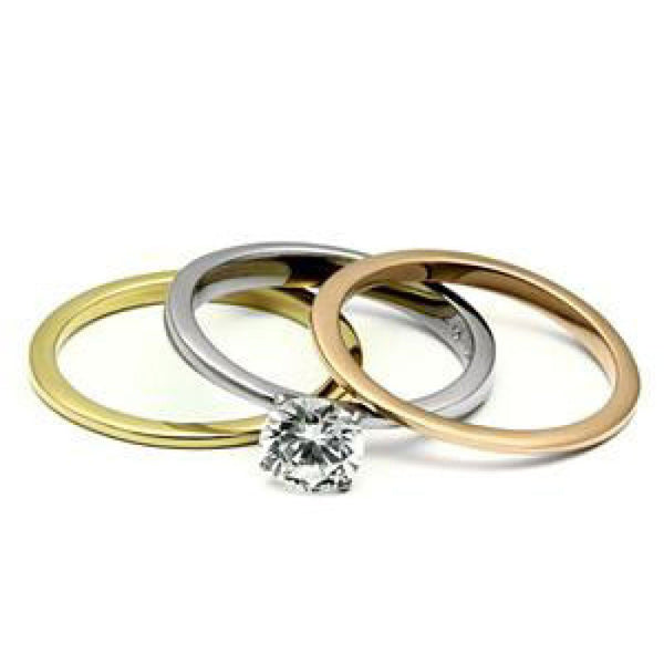 Chloe - Stainless Steel Three Toned Stackable Ring Set With Round Cut CZ Stone