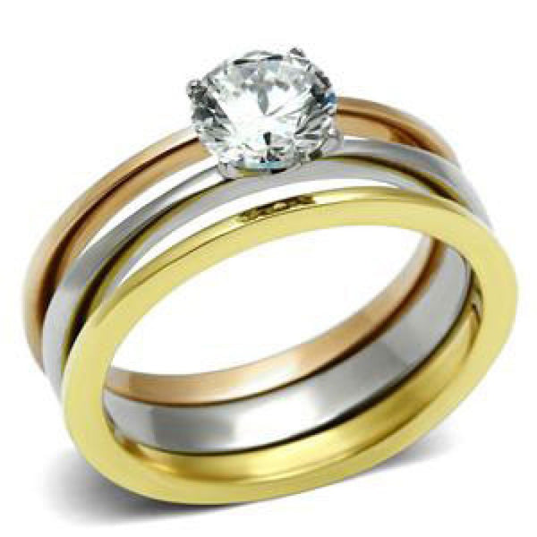 Chloe - Stainless Steel Three Toned Stackable Ring Set With Round Cut CZ Stone