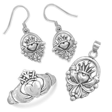 Claddagh Set - Irish Symbol Of Friendship Loyalty and Love Sterling Silver Pendant Ring and Earrings Set E-10008-P-10017-R-10022