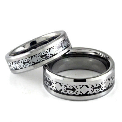 Magical – Filigree design framed in silver tone black carbon inlay tungsten couples matching rings