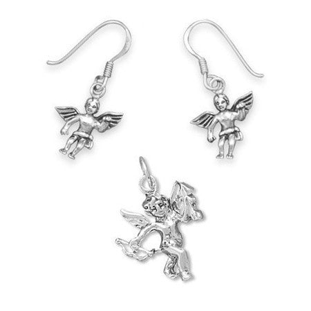 Cupid's Love Set - Charming Set Of  Cupid Oxidized Shimmering Sterling Silver Pendant and Earrings E-10012-P-10023