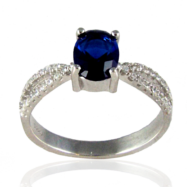 Frozen - Oval cut sapphire cubic zirconia solitaire sterling silver with white pavé cz double band ring