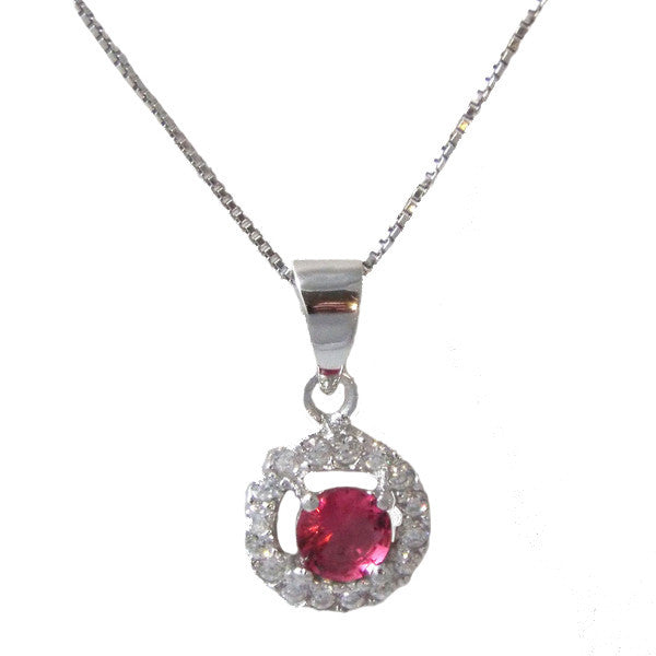 Ruby-licious Necklace – Ruby cubic zirconia solitaire with white cz circle border sterling silver necklace