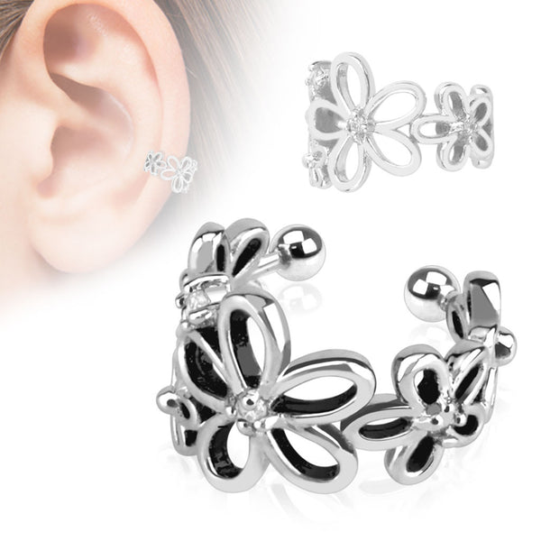 Flower Wrapture – Flower circle white cubic zirconia rhodium plated brass non-piercing ear cuff