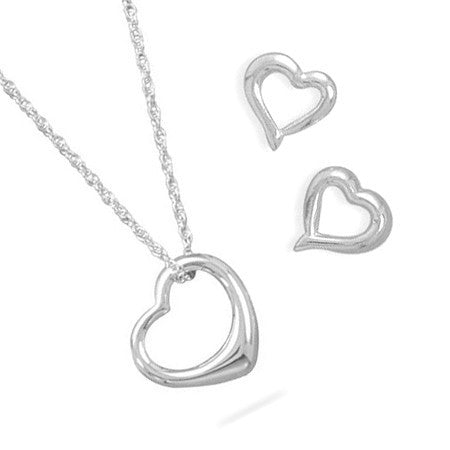 Floating Heart Set - Classic Touch Modern Style Shining Sterling Silver Floating Heart Earrings and Necklace E-10039 + N-10011