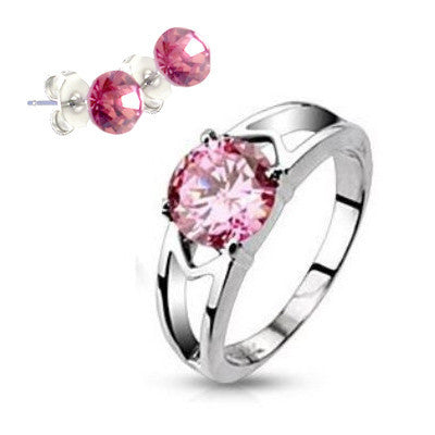 Pink Love Plus Earrings- Glorious Stainless Steel Ring with Pink Cubic Zirconia R-10001+E-10073