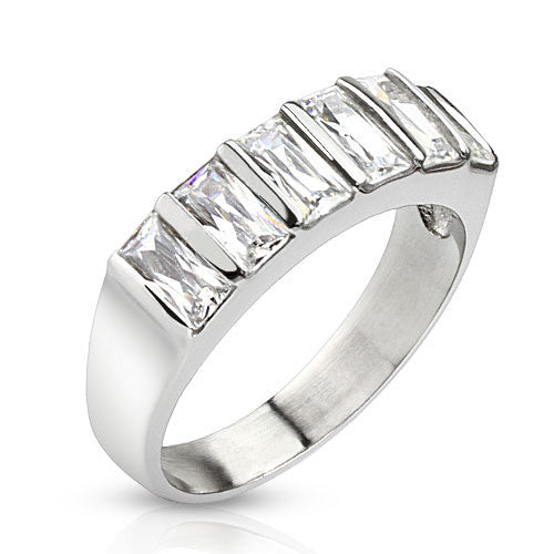 Sixth Sense – Unique Design Six Emerald-Cut Cubic Zirconia Stainless Steel Wedding Band