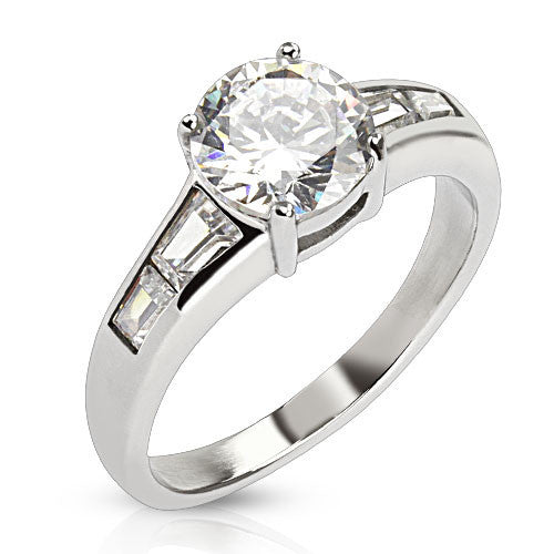 Exquisite– Classic Round-Cut Cubic Zirconia Solitaire with Emerald-Cut Baguettes Stainless Steel Engagement Ring